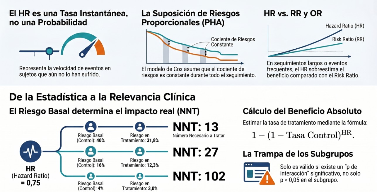 ¿Cómo interpretar un hazard ratio sin hacerte trampas? HR vs RR vs OR, y cómo se calcula el NNT
