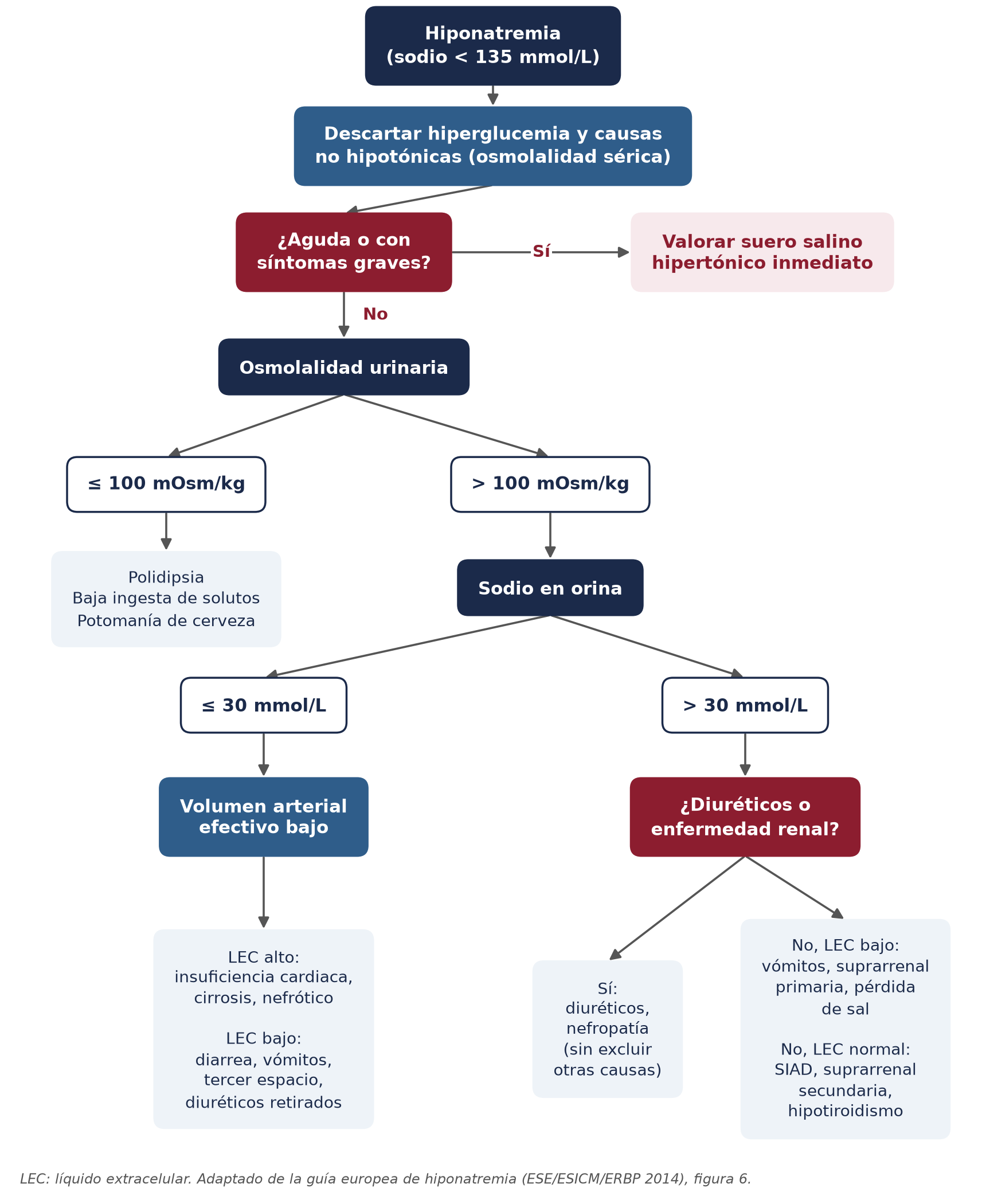 Algoritmo diagnóstico de la hiponatremia: glucemia y osmolalidad sérica, osmolalidad urinaria y sodio en orina, según la guía europea de hiponatremia