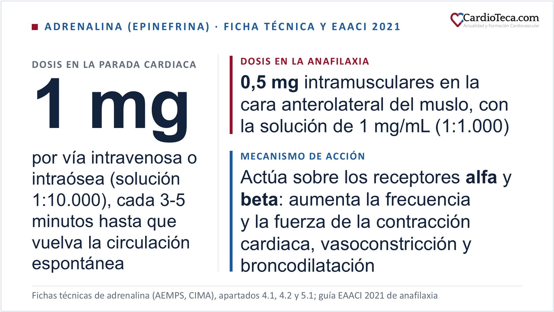 Adrenalina, también llamada epinefrina: el mismo principio activo con dos nombres. La ficha técnica española de la solución de 1 mg/mL autoriza cuatro indicaciones: paro cardiaco y reanimación cardiopulmonar, tratamiento de emergencia del shock anafiláctico, alivio rápido de reacciones alérgicas a fármacos o a otras sustancias, y espasmo de las vías aéreas en el ataque agudo de asma; la jeringa precargada de 0,1 mg/mL recoge dos, la reanimación cardiopulmonar y la anafilaxia aguda en adultos. En la parada cardiaca, 1 mg, que son 10 mL de la solución 1:10.000, por vía intravenosa o intraósea, repetido cada 3-5 minutos hasta que vuelva la circulación espontánea; en niños de más de 5 kg, 10 microgramos por kilo hasta un máximo de 1 mg por dosis; la vía endotraqueal solo como último recurso, a 2 o 2,5 mg; y en el paro tras cirugía cardiaca la ficha técnica baja la dosis a 50 o 100 microgramos, con mucha precaución. En la anafilaxia, 0,5 mg intramusculares en la cara anterolateral del muslo con la solución de 1 mg/mL (1:1.000), que es la dosis del adulto de la guía EAACI 2021: la ficha técnica autoriza 0,3 a 0,5 mg por vía intramuscular o subcutánea, siendo la intramuscular más rápida y efectiva, permite subir a 1 mg en situaciones graves y repetir a los 15 o 20 minutos y después cada 4 horas, mientras que la actualización del Resuscitation Council UK de 2021 recomienda repetir a los 5 minutos si los síntomas no ceden; en niños, 0,01 mg por kilo hasta 0,5 mg. La jeringa precargada de 0,1 mg/mL no se recomienda por vía intramuscular, y la vía intravenosa de la anafilaxia se reserva al medio hospitalario y a los casos muy graves, en bolos de 0,05 mg ajustados a la respuesta. Los dispositivos precargados intramusculares comercializados en España son de 150, 300 y 500 microgramos, y solo el de 500 microgramos entrega los 0,5 mg del adulto. En el ataque agudo de asma y en las reacciones alérgicas sin shock, 0,3 a 0,5 mg por vía intramuscular o subcutánea. En perfusión, 0,05 a 0,5 microgramos por kilo y minuto en el shock, como alternativa cuando no hay respuesta a la noradrenalina según la guía ESC 2026 de insuficiencia cardiaca, y 2 a 10 microgramos por minuto en la bradicardia con signos de riesgo vital que no cede a la atropina, según la guía ERC 2025 de soporte vital avanzado. El mecanismo es la acción directa sobre los receptores alfa y beta, con efectos más pronunciados sobre los beta, aunque los alfa prevalecen a dosis altas: aumento de la frecuencia y de la fuerza de la contracción cardiaca, vasoconstricción y broncodilatación. La semivida plasmática es de 2 a 3 minutos y ninguna de las dos fichas técnicas fija ajuste de dosis por función renal ni hepática. La solución de 1 mg/mL contiene metabisulfito de sodio, que puede producir reacciones alérgicas graves y broncoespasmo, y la adrenalina se inactiva en soluciones alcalinas: si hay que dar también bicarbonato sódico, se inyectan por separado