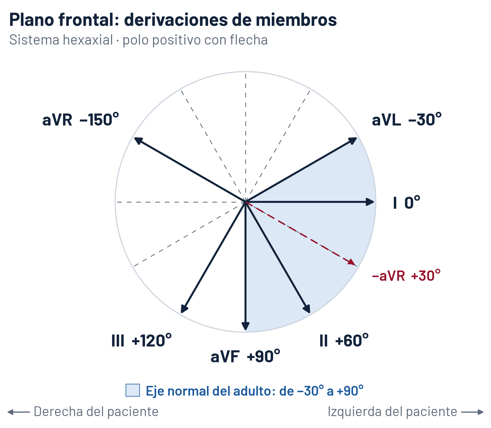 Esquema del plano frontal del ECG con el sistema hexaxial: las seis derivaciones de miembros con la flecha en su polo positivo, I en 0°, II en +60°, aVF en +90°, III en +120°, aVL en −30° y aVR en −150°, y −aVR en +30°, entre I y II; sombreado, el eje normal del adulto, de −30° a +90°; la derecha del paciente queda a la izquierda del dibujo