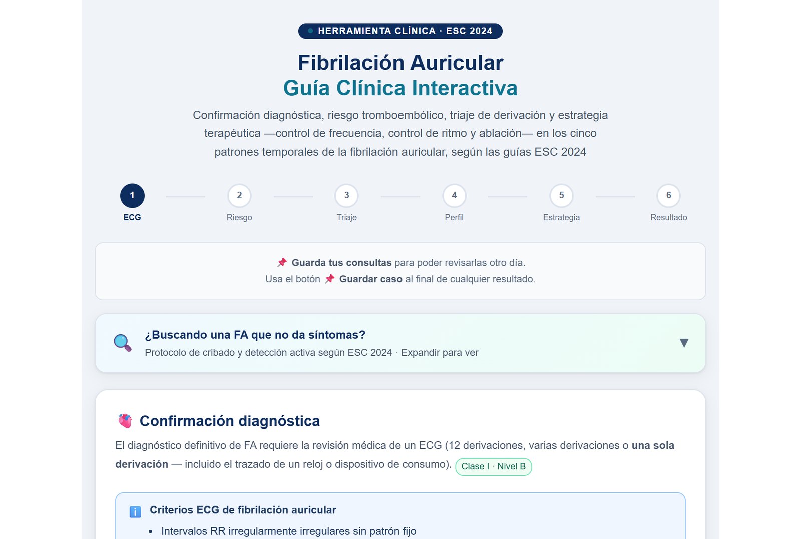 Portada de la guía interactiva de fibrilación auricular: los seis pasos (ECG, riesgo, triaje, perfil, estrategia y resultado), el protocolo de cribado de la FA que no da síntomas y el primer paso, la confirmación diagnóstica con el ECG