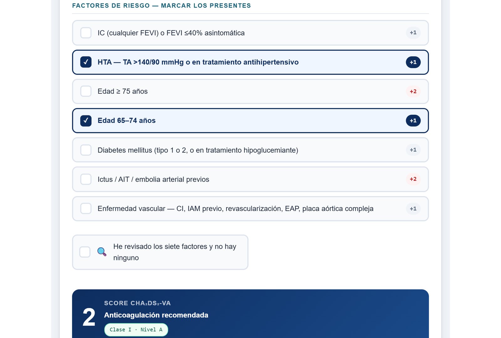 Paso 2, riesgo tromboembólico: marcadas la hipertensión y la edad de 65 a 74 años; CHA₂DS₂-VA de 2 y anticoagulación recomendada, clase I, nivel A