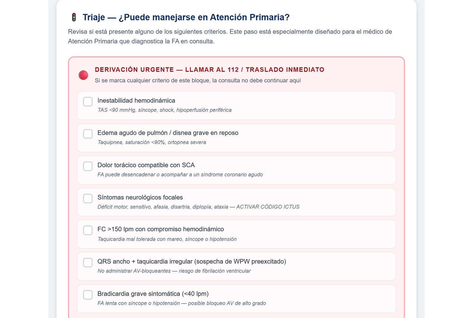 Paso 3, triaje para Atención Primaria: los siete criterios de derivación urgente (llamar al 112 o traslado inmediato), entre ellos la inestabilidad hemodinámica y el QRS ancho con taquicardia irregular