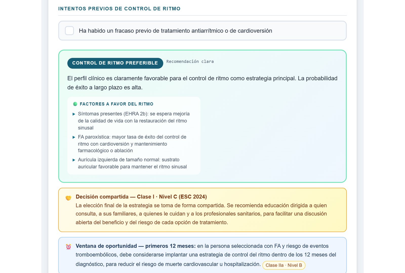 Paso 5, estrategia: «Control de ritmo preferible», con los tres factores a favor (síntomas EHRA 2b, FA paroxística y aurícula de tamaño normal), la decisión compartida, clase I, nivel C, y la ventana de los 12 meses desde el diagnóstico, clase IIa, nivel B