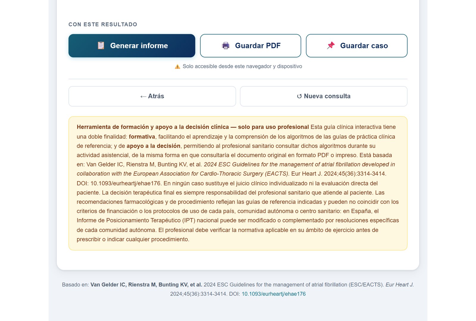 Final del resultado: generar el informe, guardar el PDF o guardar el caso, nueva consulta y el descargo de responsabilidad