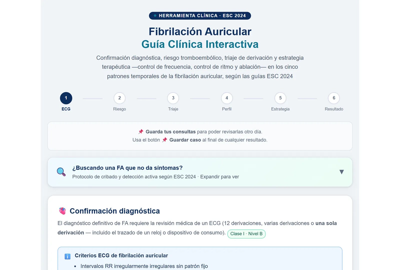 Portada de la guía interactiva de fibrilación auricular: los seis pasos (ECG, riesgo, triaje, perfil, estrategia y resultado) y la confirmación diagnóstica