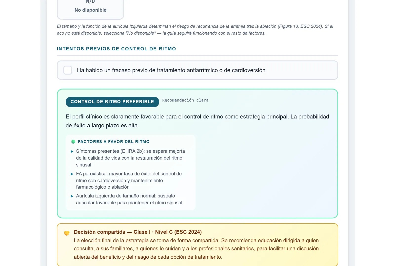 Estrategia: aurícula izquierda normal y sin intentos previos; control del ritmo preferible, con los factores a favor y la decisión compartida, clase I, nivel C