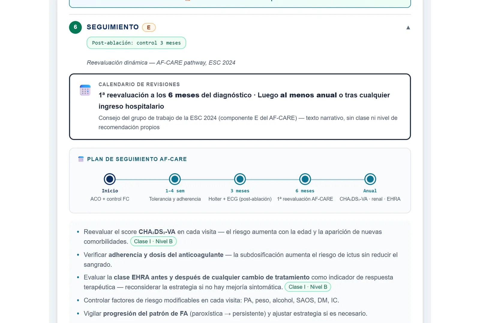 Resultado: seguimiento tras la ablación, con el calendario de revisiones y el plan AF-CARE: Holter y ECG a los tres meses y primera reevaluación a los seis