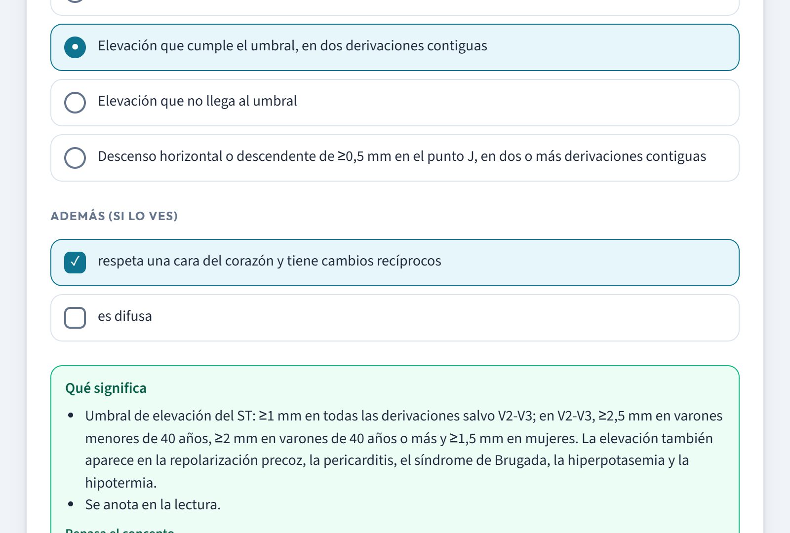 Paso 8, segmento ST: elevación que cumple el umbral, con cambios recíprocos, y el umbral por derivaciones, edad y sexo de la quinta definición universal del infarto, con las píldoras y los casos del Aula