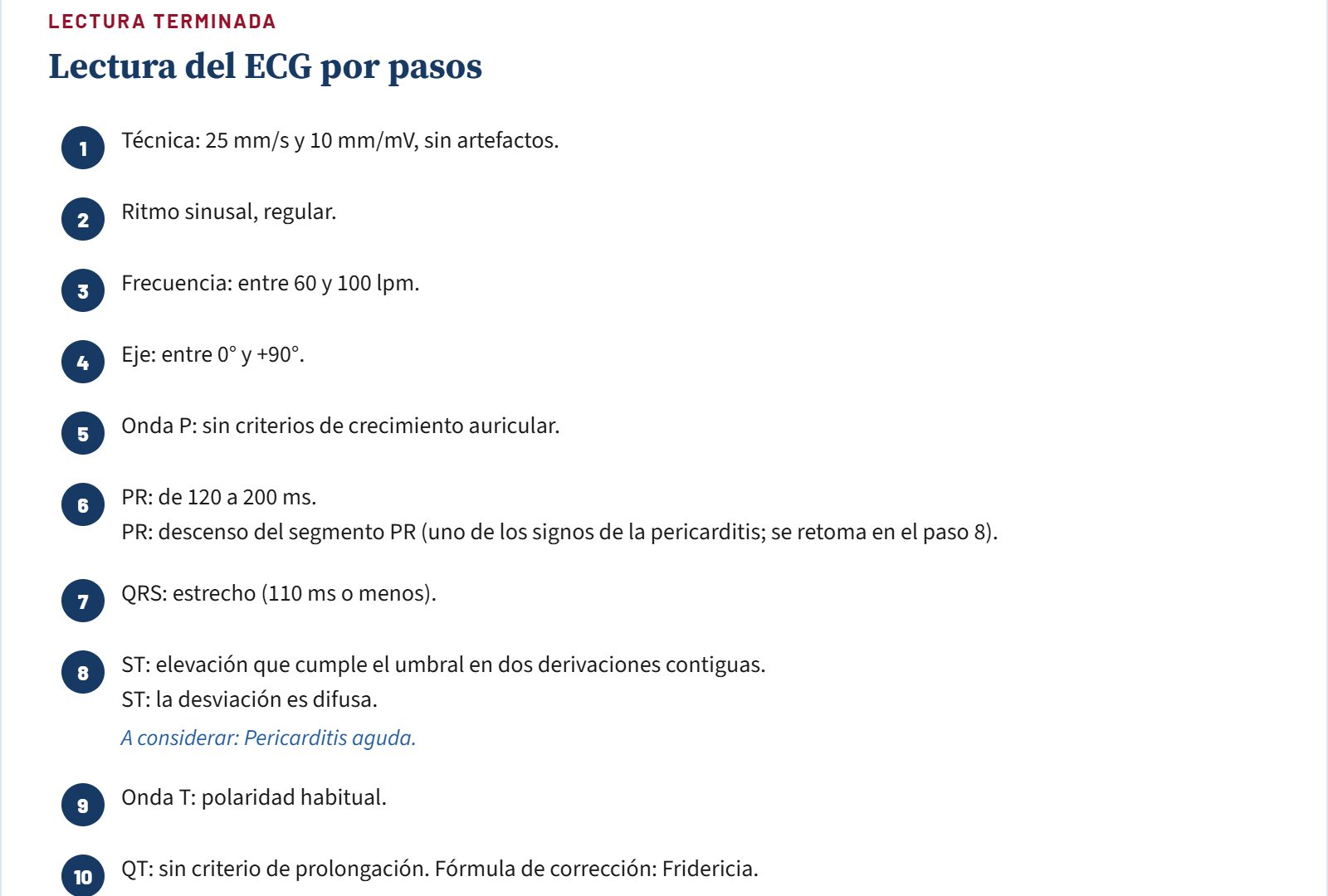 Lectura terminada: las diez líneas de la lectura, de la técnica al QT con la fórmula de corrección, y el principio de lo que repasar con cada hallazgo
