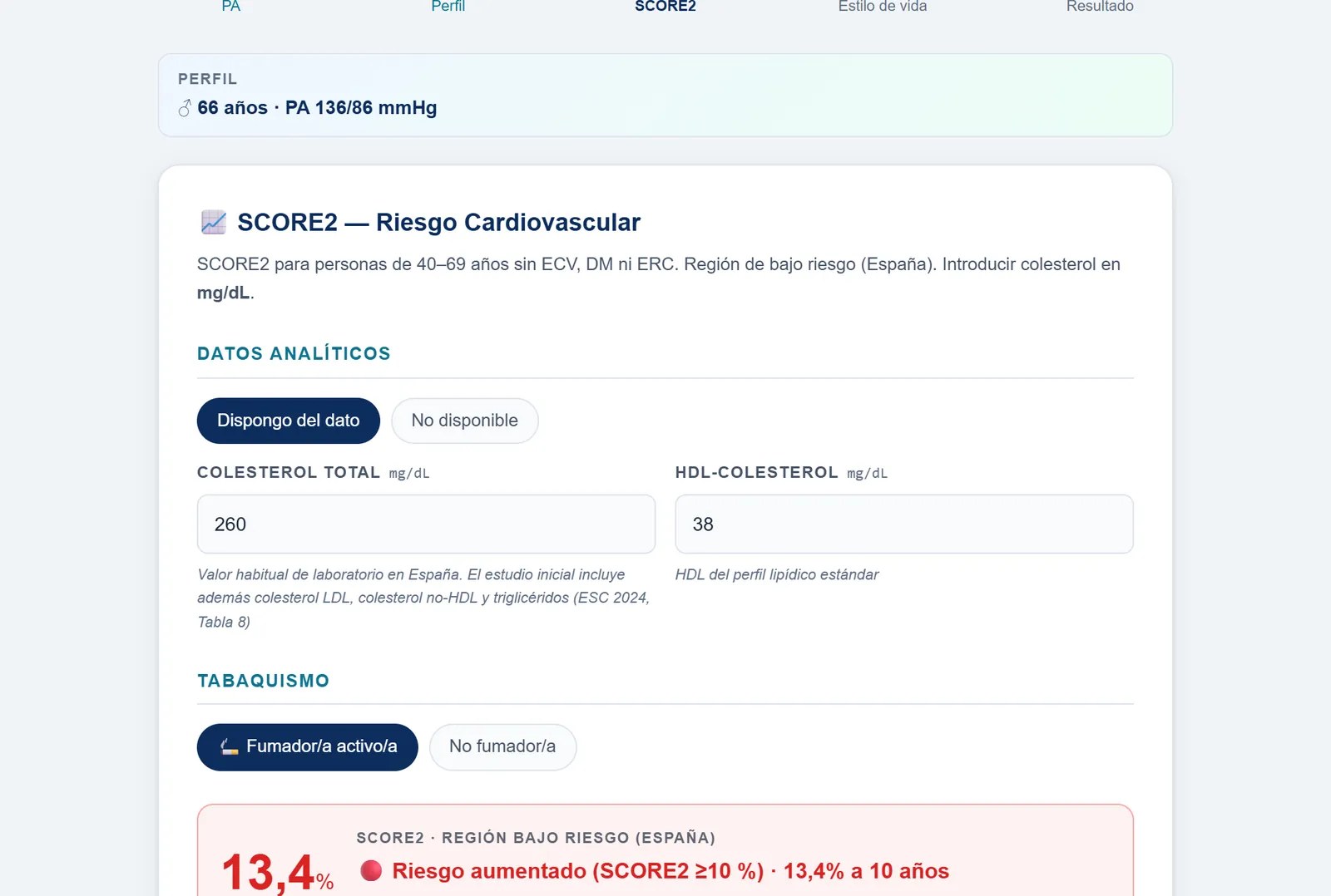 Tercer paso, SCORE2 calibrado para la región de riesgo bajo: colesterol total 260 mg/dL, HDL 38 mg/dL y fumador activo, con un riesgo a 10 años del 13,4%, aumentado