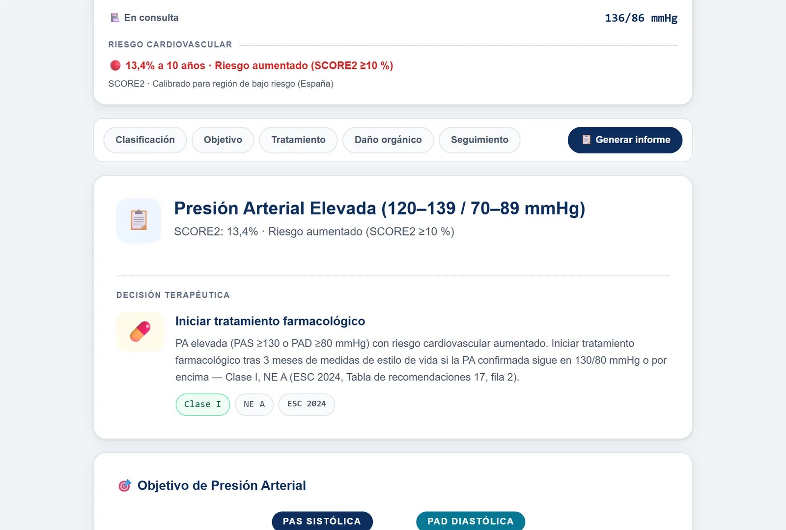 Resultado: presión arterial elevada (120-139/70-89 mmHg) con riesgo aumentado; la decisión, iniciar el tratamiento farmacológico tras 3 meses de medidas de estilo de vida si la presión confirmada sigue en 130/80 mmHg o más, clase I, nivel A
