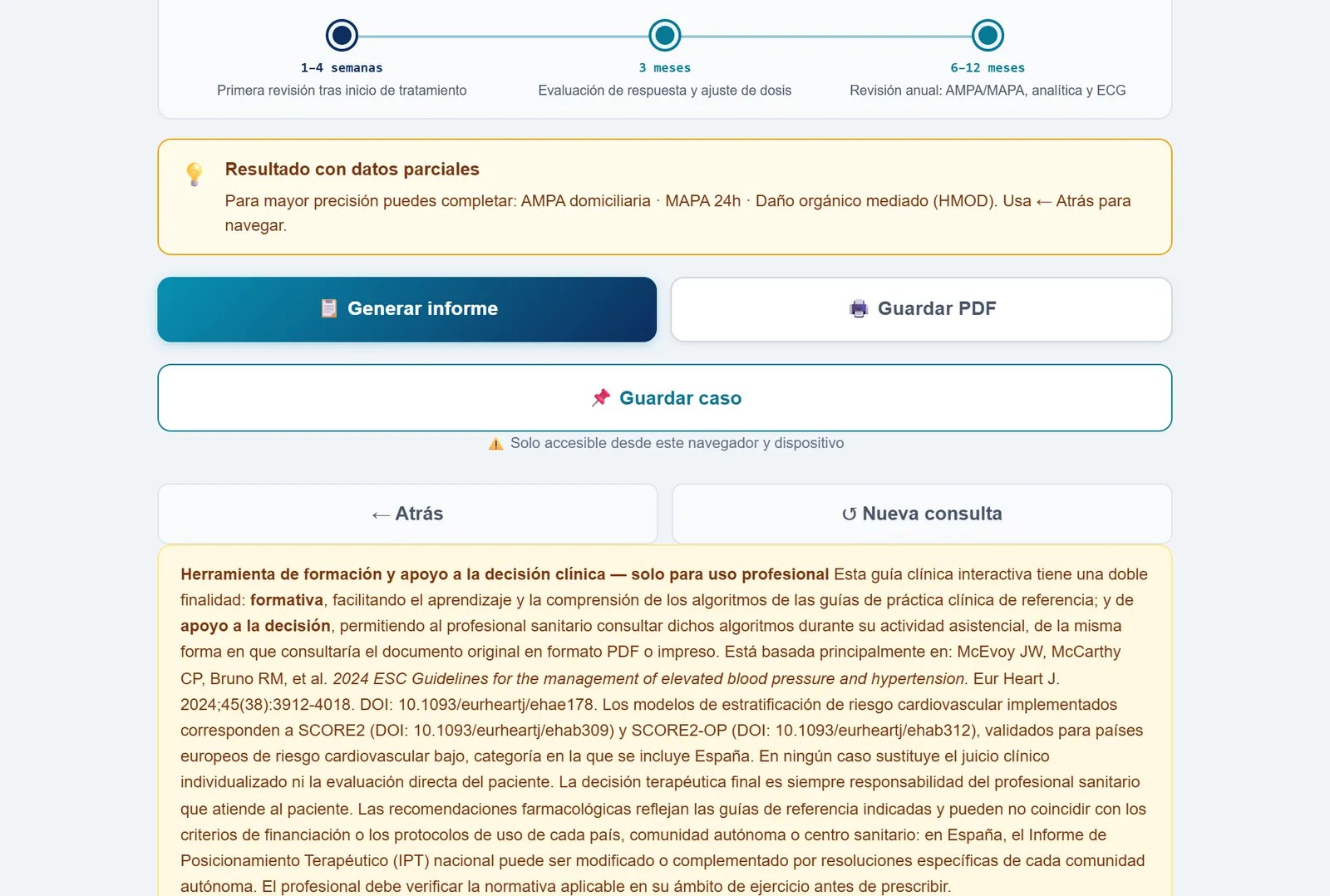 Final del resultado: el calendario de revisiones, el aviso de los datos que faltan (AMPA, MAPA y lesión de órgano) y los botones de generar el informe, guardar el PDF y guardar el caso