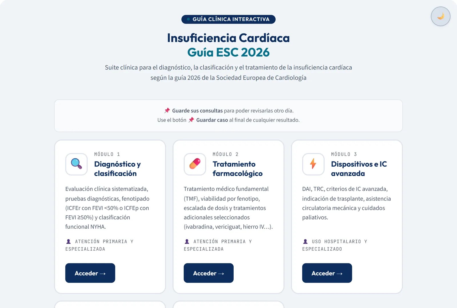 Portada de la guía interactiva: los cinco módulos (diagnóstico y clasificación, tratamiento farmacológico, dispositivos e IC avanzada, IC descompensada y estrategia diurética)