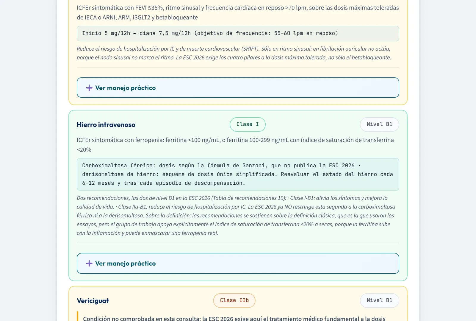 Resultado: hierro intravenoso, clase I, nivel B1, con la definición de ferropenia y la dosis de carboximaltosa férrica o de derisomaltosa de hierro