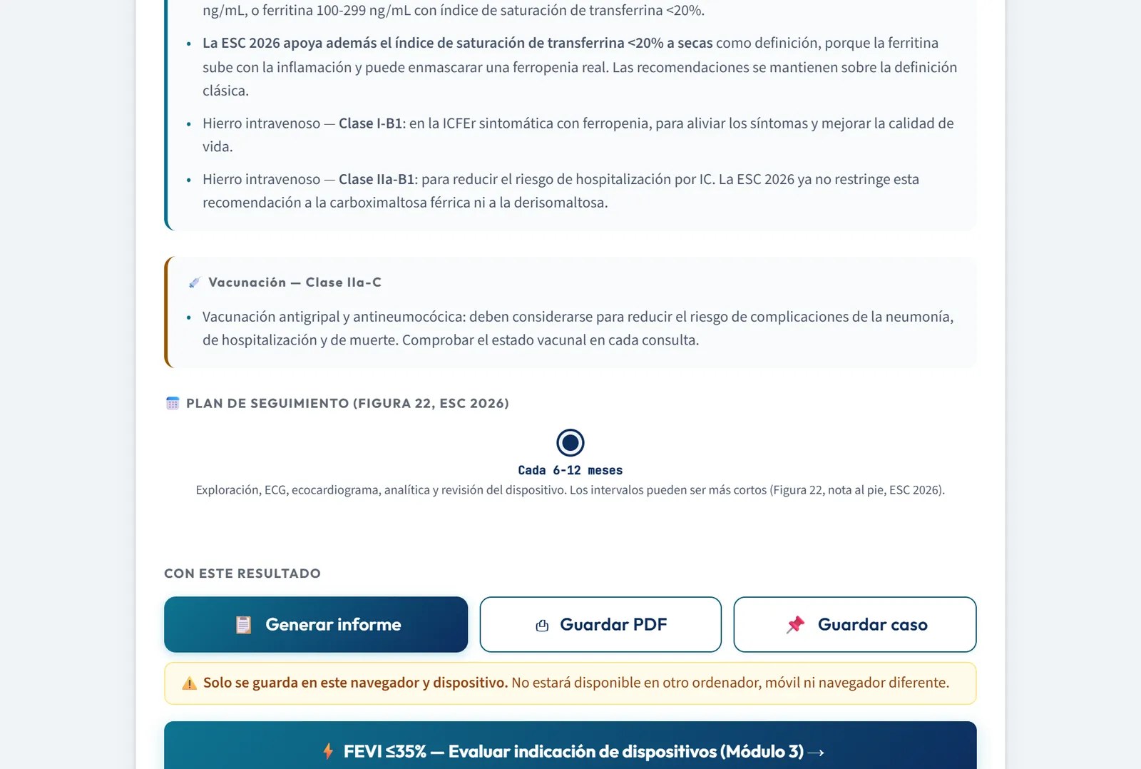 Final del resultado: plan de seguimiento, informe, PDF, guardar el caso y el salto al módulo de dispositivos por la FEVI de 35% o menos