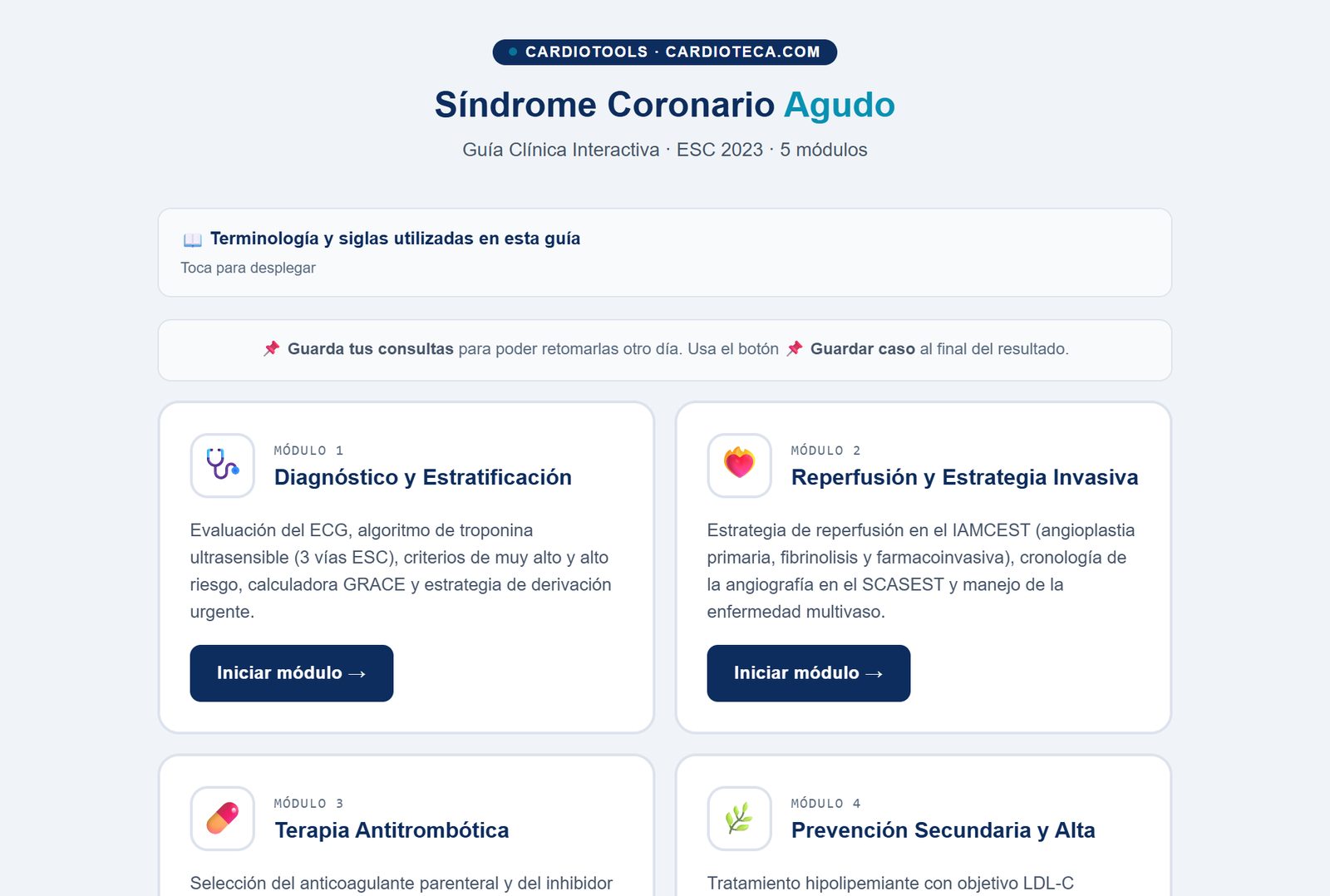 Portada de la guía interactiva de síndrome coronario agudo, con sus cinco apartados, del diagnóstico y la estratificación del riesgo a la reperfusión, el tratamiento antitrombótico, la prevención secundaria y el MINOCA