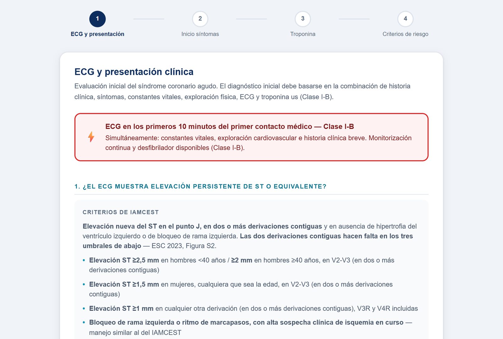 Primer paso del diagnóstico, el ECG y la presentación clínica, con el ECG en los primeros 10 minutos y los criterios de elevación del ST de la guía ESC 2023