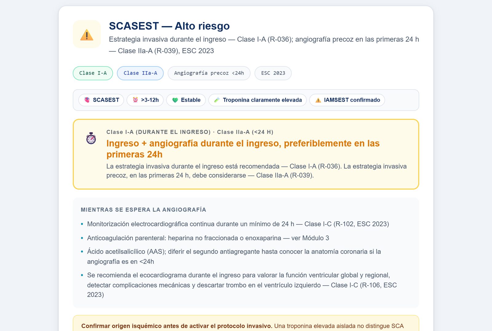 Resultado del diagnóstico, SCASEST de alto riesgo, estrategia invasiva durante el ingreso, clase I, nivel A, y angiografía precoz en las primeras 24 horas, clase IIa, nivel A