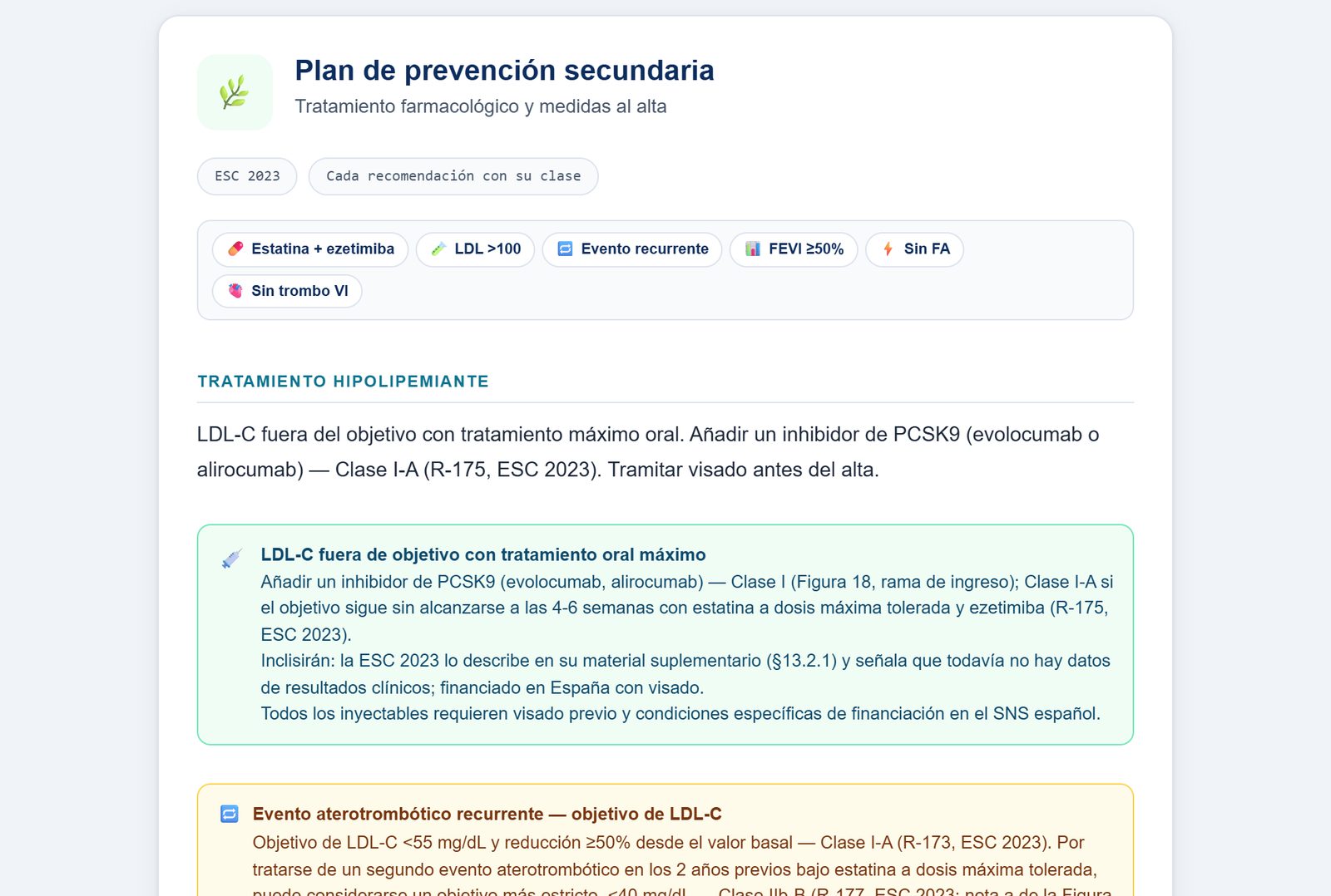 Resultado de la prevención secundaria con el cLDL fuera del objetivo pese a estatina y ezetimiba, añadir un inhibidor de la PCSK9, clase I, nivel A