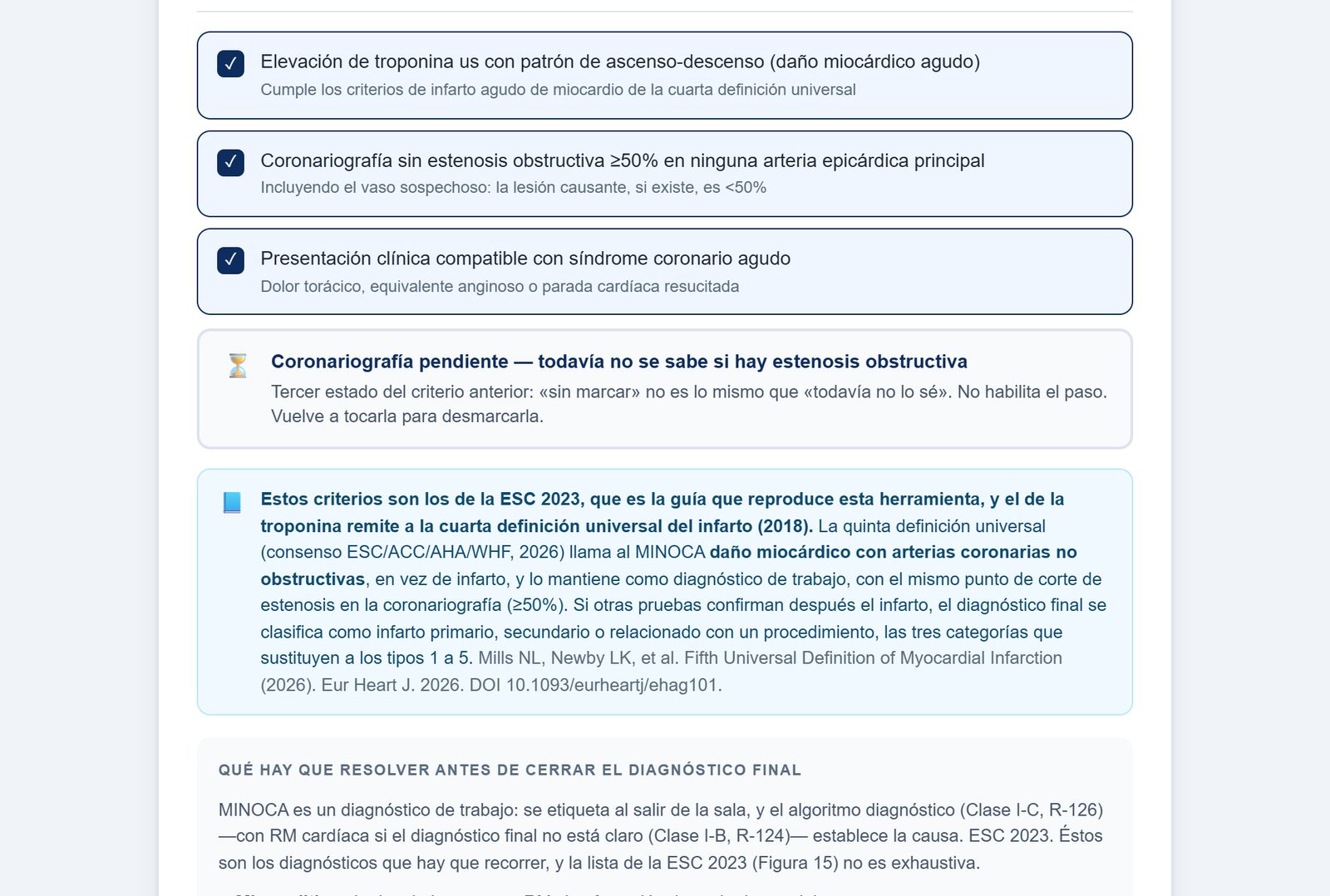 Los tres criterios del MINOCA marcados y, debajo, la nota que explica cómo lo nombra la quinta definición universal del infarto de 2026