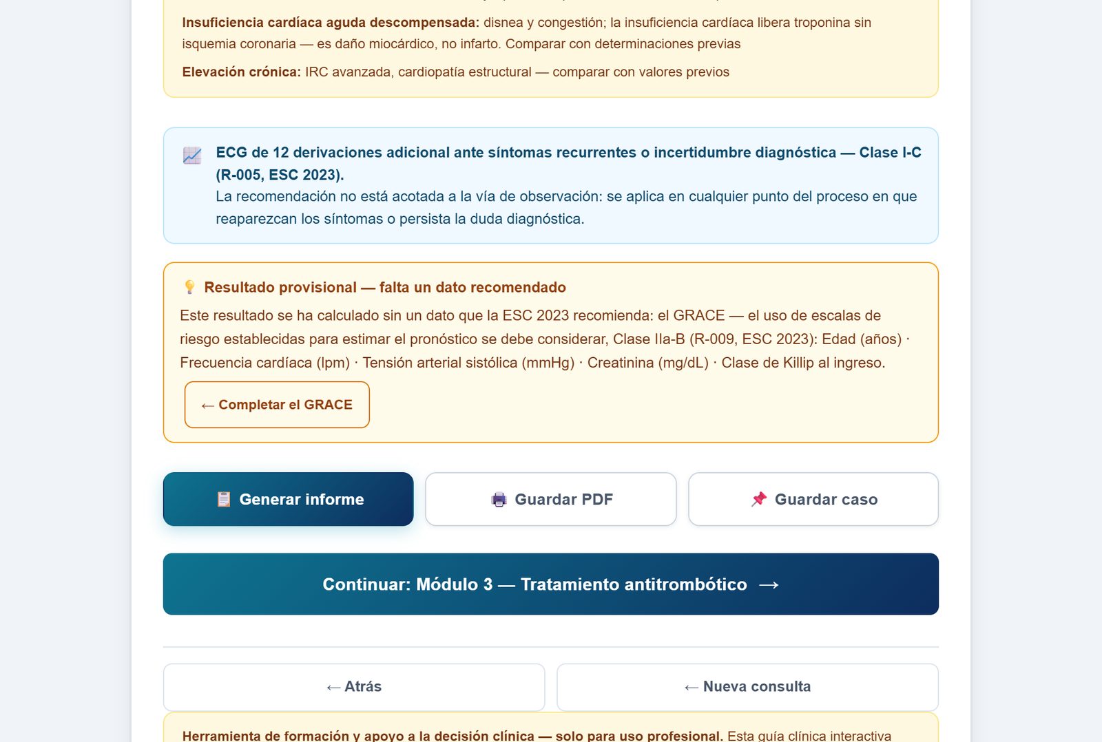 Final del resultado, con los botones para generar el informe, guardar el PDF o guardar el caso, y para seguir con el tratamiento antitrombótico