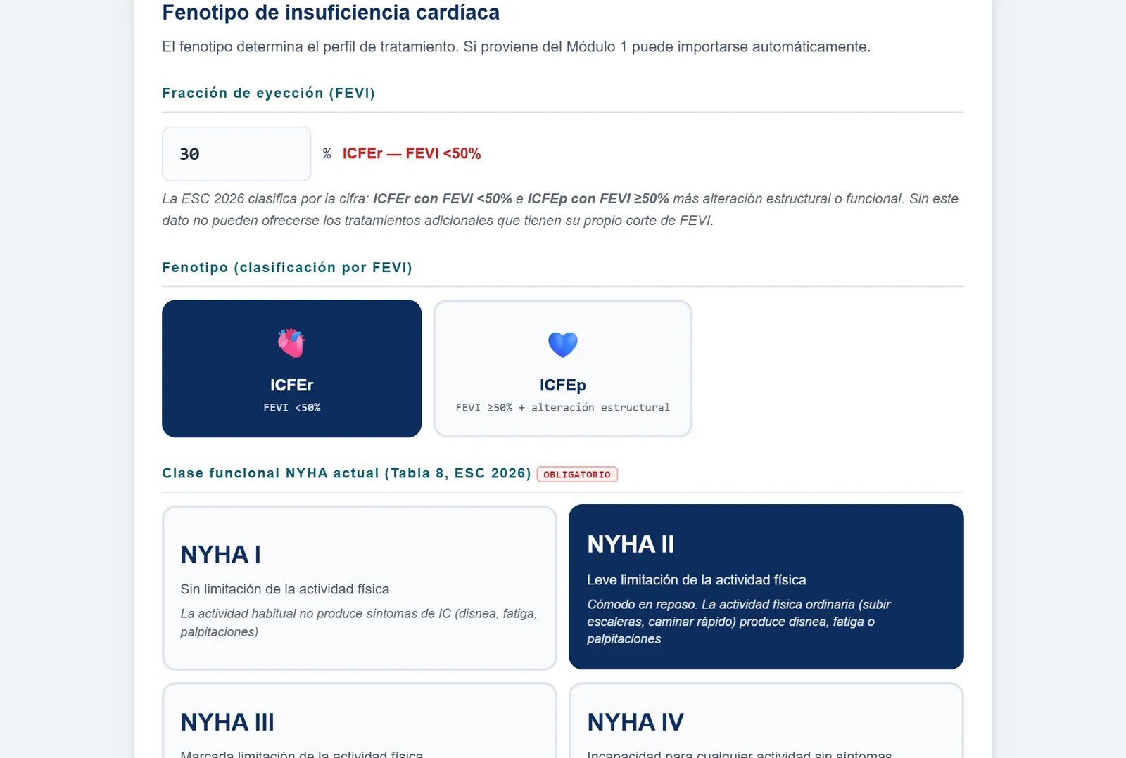 Módulo de tratamiento, primer paso: FEVI 30%, que la guía clasifica como reducida (por debajo del 50%), con la nota de la clasificación de la ESC 2026, y la clase funcional NYHA II marcada