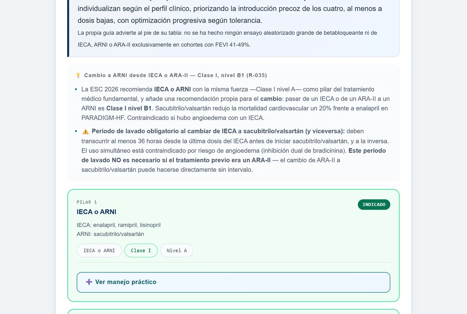 Resultado: el recuadro del cambio a ARNI desde un IECA o un ARA-II, clase I, nivel B1 (R-035), con el lavado de al menos 36 horas desde el IECA, y la tarjeta del pilar 1, IECA o ARNI, indicado, clase I, nivel A
