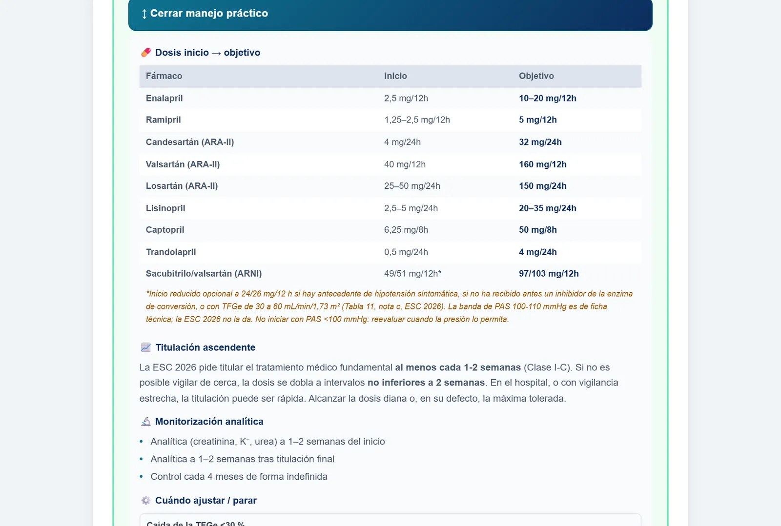 Manejo práctico del pilar 1: la tabla de dosis de inicio y objetivo, con sacubitrilo/valsartán 49/51 mg cada 12 horas de inicio y 97/103 mg de objetivo, y la nota del inicio reducido con 24/26 mg y sus criterios (tabla 11, nota c, de la ESC 2026)