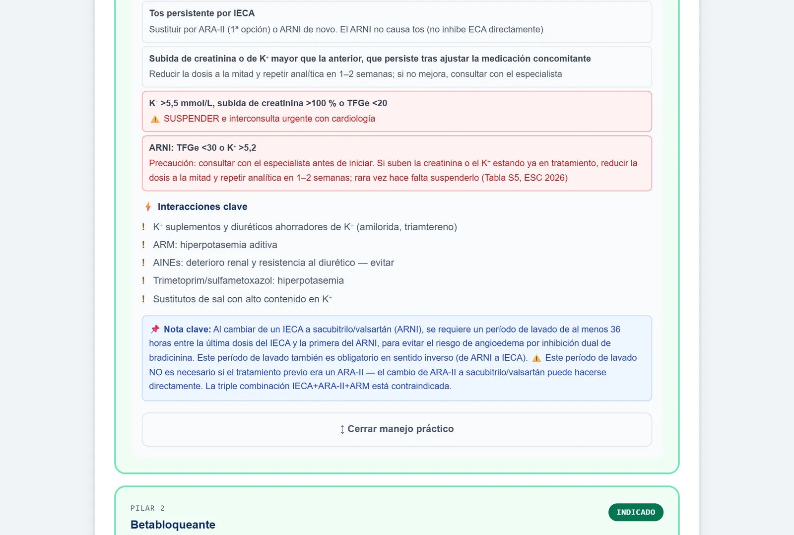 Manejo práctico del pilar 1: cuándo ajustar o parar, con la fila del ARNI (filtrado por debajo de 30 o potasio por encima de 5,2 mmol/L: precaución y consulta con el especialista antes de iniciar, tabla S5), las interacciones clave y la nota del lavado de 36 horas