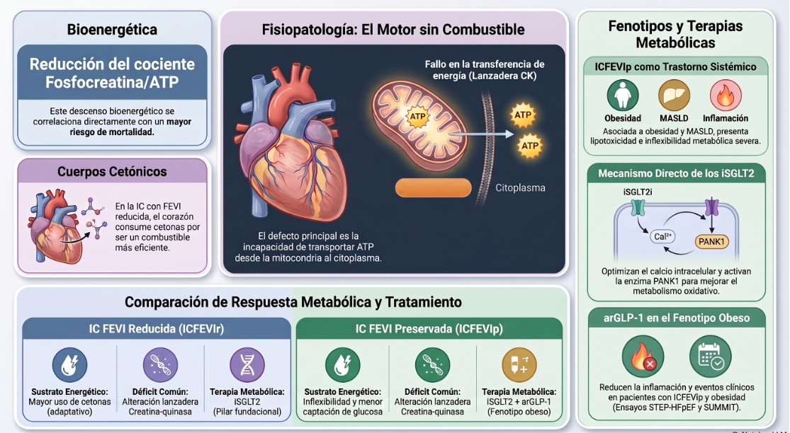 Esquema del metabolismo cardiaco en insuficiencia cardiaca según la fracción de eyección ventricular