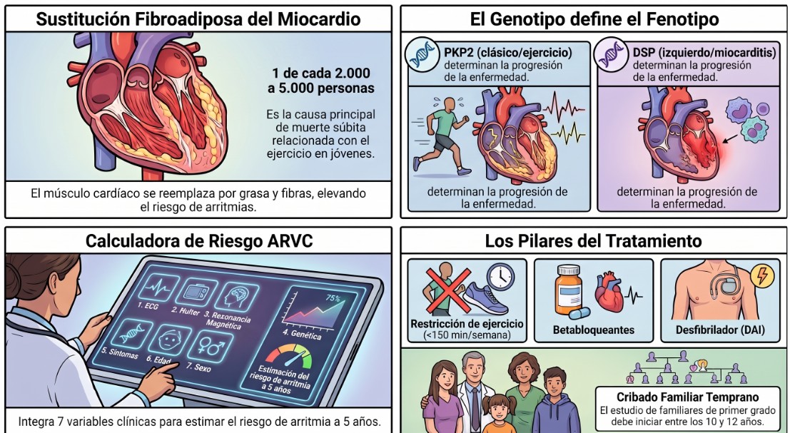 Representación del corazón con miocardiopatía arritmogénica del ventrículo derecho y genes asociados
